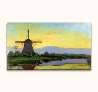 Piet Mondriaan's Molen bij Gorkum oil painting depicts a Dutch windmill silhouette at dawn or dusk by a tranquil river, reflecting the serene landscape.