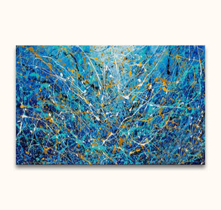 Abstract drip painting Aqua inspired by Jackson Pollock, featuring dynamic blue, white, teal, gold, and black splatters on canvas, ready to hang.