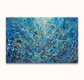 Abstract drip painting Aqua inspired by Jackson Pollock, featuring dynamic blue, white, teal, gold, and black splatters on canvas, ready to hang.