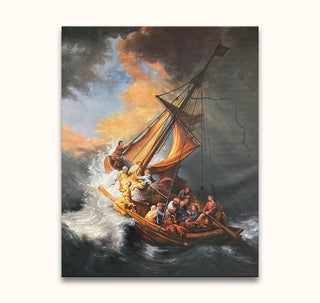 Rembrandt van Rijn – De Storm op Zee: Een dramatisch zeeschilderij met een schip in een storm, bemand door zeelieden die worstelen met de zeilen. Geschilderd op hoogwaardig canvas.
