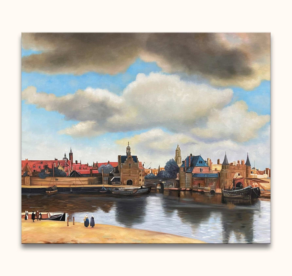 Johannes Vermeer – Zicht op Delft: Klassiek olieverfschilderij toont een rustige 17e-eeuwse haven met mensen en boten, perfect voor liefhebbers van oud-Hollandse kunst.