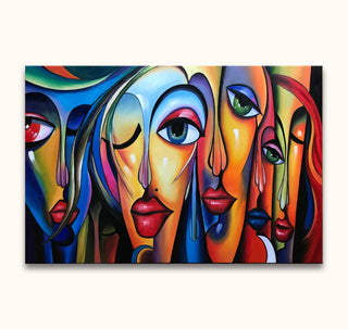 Abstract schilderij met vijf kubistisch gestileerde gezichten. Expressieve, overlappende vormen en kleuren. Handgeschilderd, Big Eye Girls in de stijl van Picasso.