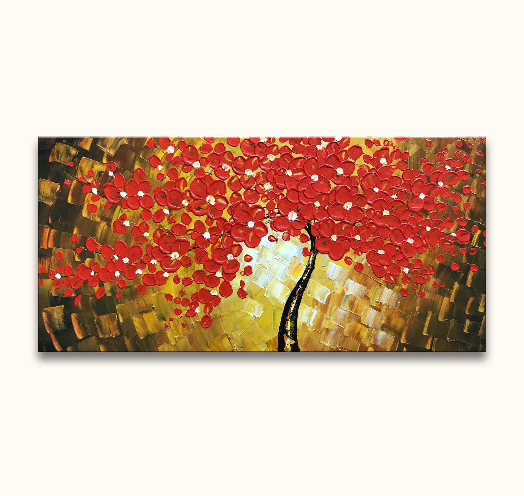 Esdoorn in Bloei – Dikke olieverf op canvas: Impasto schilderij van bloeiende esdoorn met rode bloesem en rustieke achtergrond. Geschilderd op museumkwaliteit canvas, klaar om op te hangen.