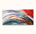 Schilderij 'Feathers' met dynamische penseelstreken in rood, oranje, blauw en zwart op wit canvas. Modern paletmeswerk, direct ophangbaar.