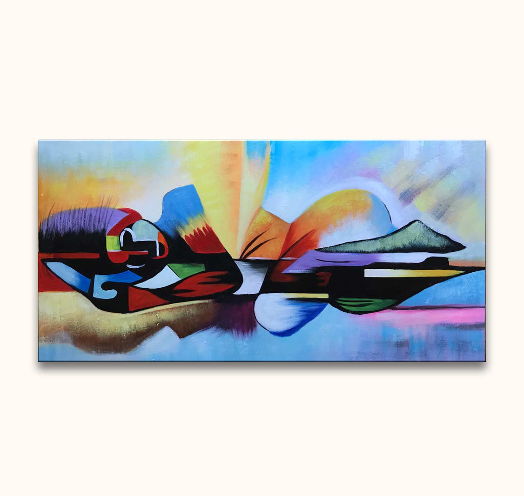 Abstract panorama met geometrische vormen en organische elementen in warme tinten, geïnspireerd door een zonsondergang. Olieverfschilderij Sleeping Buddha op canvas, handgeschilderd.