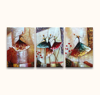 Vreugdedans - 3-Luik olieverfschilderij features five stylized dancers in vibrant skirts, celebrating movement on textured canvases. Ideal for dance-inspired art enthusiasts.