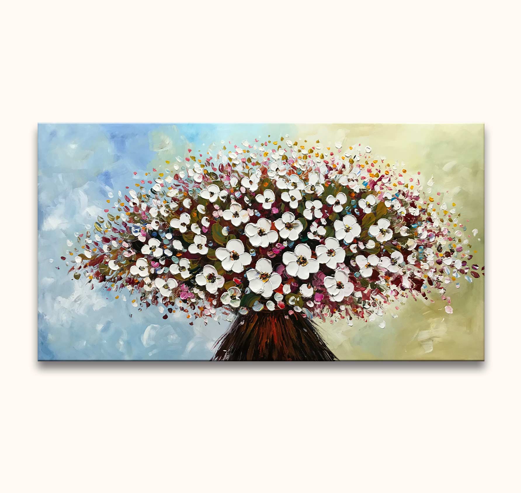 Wit Roze Bloemen: Impressionistisch schilderij met dikke olieverf, toont weelderige witte bloemen in een bruine vaas. Geschilderd op museumkwaliteit canvas, zonder lijst nodig.