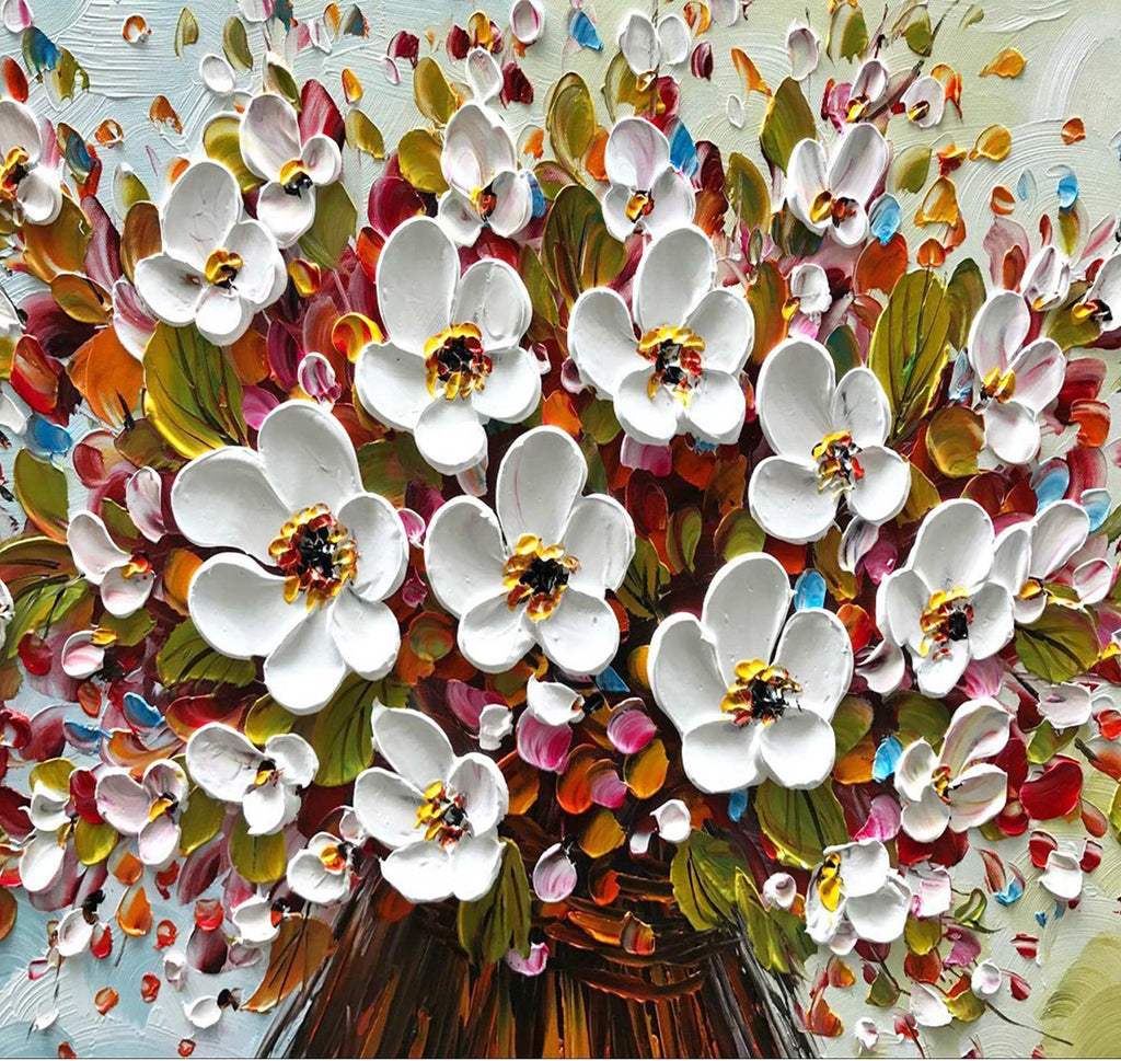 Wit Roze Bloemen – Dikke olieverf op canvas: een impasto schilderij met witte en roze bloemen, rijke texturen en kleuren, op gespannen zuurvrij canvas.