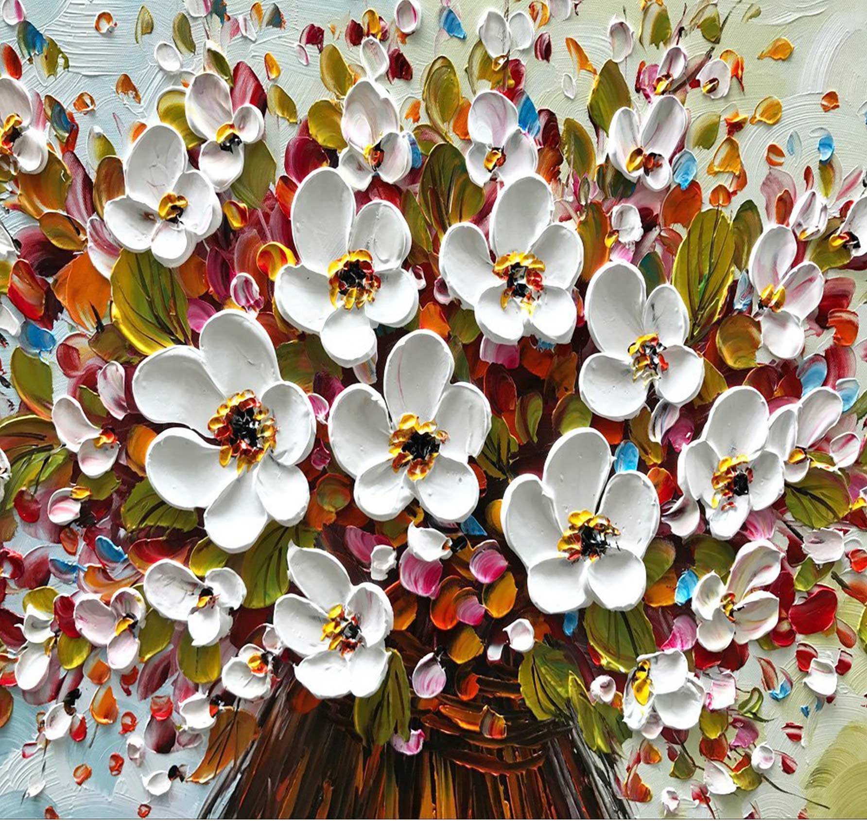 Wit Roze Bloemen – Dikke olieverf op canvas: een impasto schilderij met witte en roze bloemen, rijke texturen en kleuren, op gespannen zuurvrij canvas.