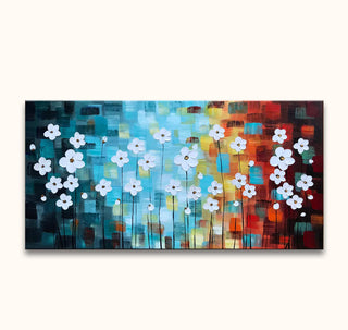 Witte Bloementuin - Dikke olieverf op canvas: Stijlvolle witte bloemen op een kleurrijke, kubistische achtergrond. Geschilderd met paletmes, ideaal voor liefhebbers van moderne natuurkunst.