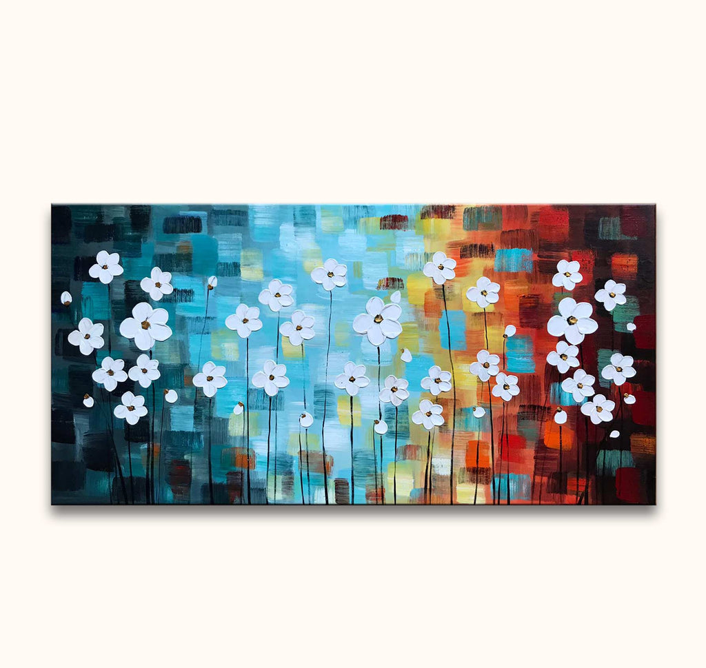 Witte Bloementuin - Dikke olieverf op canvas: Stijlvolle witte bloemen op een kleurrijke, kubistische achtergrond. Geschilderd met paletmes, ideaal voor liefhebbers van moderne natuurkunst.
