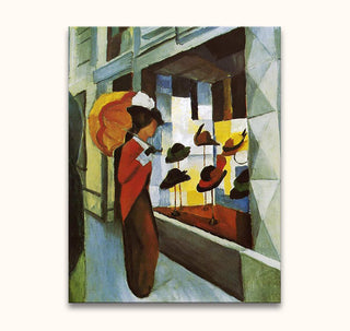 August Macke – De Hoedenwinkel: Vrouw met parasol kijkt naar een etalage vol hoeden. Modern schilderij met cubistische invloeden, gespannen op houten frame, klaar om op te hangen.