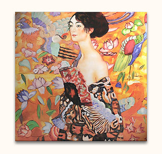 Gustav Klimt's Dame met Waaier oil painting features a young woman in ornate attire, surrounded by vibrant florals and birds, capturing expressive modern artistry.