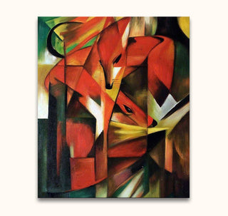 Franz Marc's cubist-style Rode Vos painting with red-orange foxes in geometric forms, hand-painted in oil, ideal for modern art lovers.