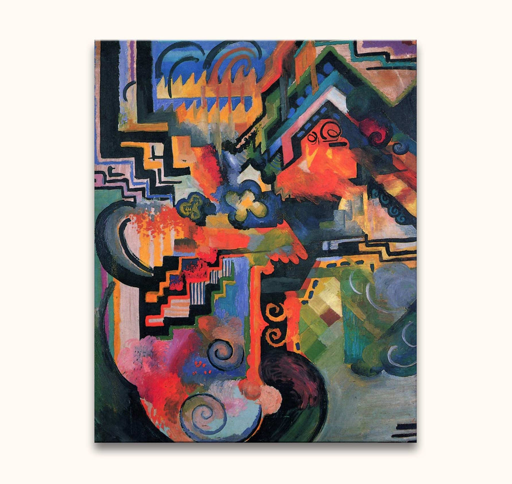 Abstract painting titled August Macke – De Hommage, featuring vibrant colors, geometric patterns, and organic shapes. Hand-painted on museum-quality canvas, ready to hang.