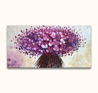 Impasto painting Bitterzoet features a vibrant bouquet of purple flowers on canvas, showcasing thick palette-knife strokes for a textured, floating effect.