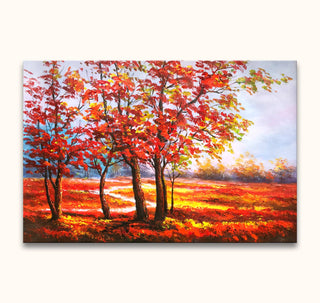 Salvador Dali Signature - Boomlandschap: Expressieve herfstlandschap met kleurrijke bomen en kronkelend pad. Olieverfschilderij, museumkwaliteit, ideaal voor interieurontwerp.