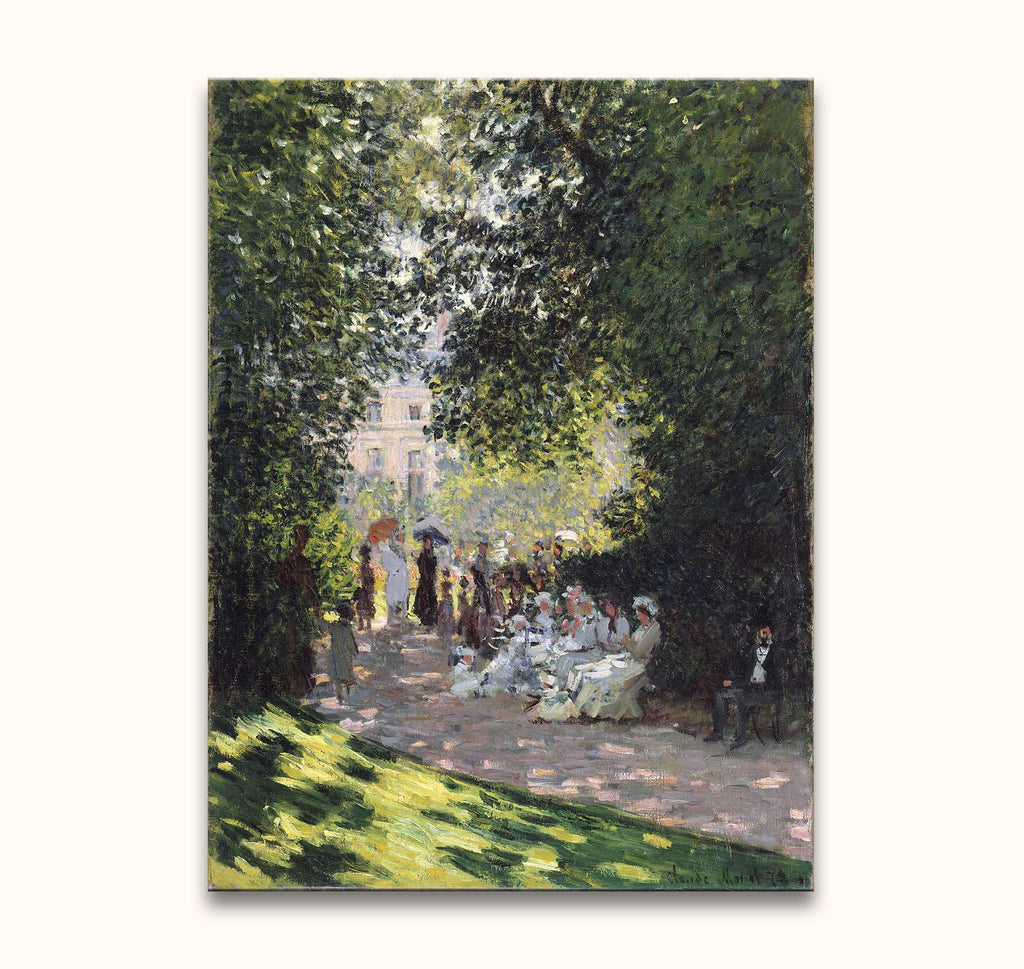 Claude Monet – Park Monceau, impressionistisch olieverfschilderij van een zonovergoten tuinpad met elegante figuren en parasols, perfect voor romantische kunstliefhebbers.