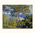 Claude Monet's Bordighera oil painting, 80x63cm, features a Mediterranean shoreline through pine trees. Hand-painted on museum-quality canvas, ready to hang.