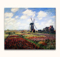 Claude Monet – Molen in Bloemenveld: Impressionistisch olieverfschilderij van tulpenvelden met een windmolen en boerderij, handgeschilderd op museumkwaliteit canvas, klaar om op te hangen.