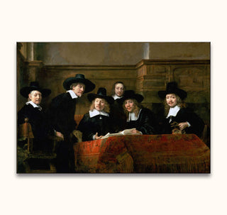 Rembrandt van Rijn – De Staalmeesters: Zes mannen in zwarte kleding rond een tafel, symbolisch voor de Amsterdamse drapersgilde, handgeschilderd op museumkwaliteit canvas.