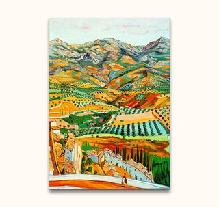 Fauvistisch landschap met terras en figuur; Vincent van Gogh's Verre Landbouwgrond. Mediterrane huizen, velden en bergen. Olieverf op hoogwaardig canvas.