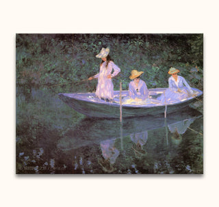 Drie vrouwen in een roeiboot vissen op rustig water, in impressionistische stijl. Claude Monet - Vissende Noorse Vrouwen, handgeschilderd olieverfschilderij.