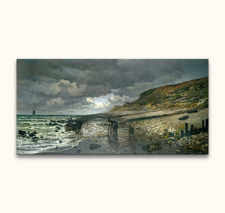 Claude Monet – Strandjutters bij La Rochelle: 19e-eeuwse seascape, strandjutters, paarden en kar, schelpzoekers, houten groyne, roeiboot, zeilschip en imposante wolkenpartij.