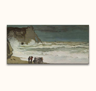 Claude Monet – Ruige Zee bij La Rochelle: Mensen in 19e-eeuwse kleding kijken naar de ruige zee. Olieverfschilderij met dramatische golven en een bewolkte lucht, direct ophangbaar.