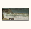 Claude Monet – Ruige Zee bij La Rochelle: Mensen in 19e-eeuwse kleding kijken naar de ruige zee. Olieverfschilderij met dramatische golven en een bewolkte lucht, direct ophangbaar.