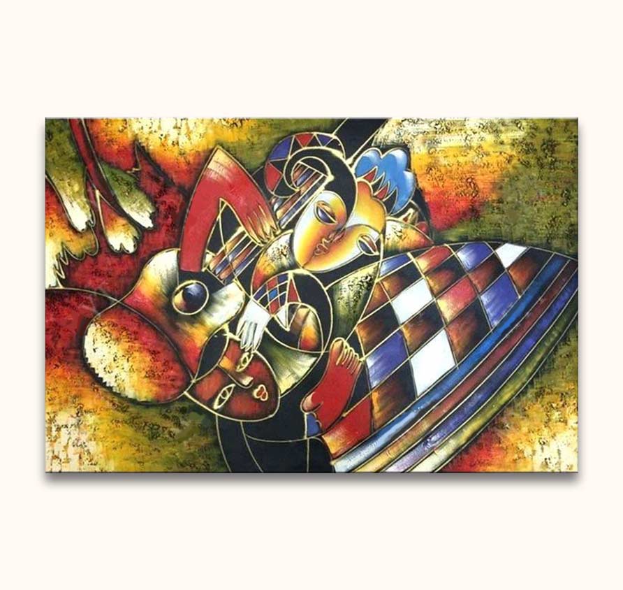 Kubistisch schilderij Desiree van Picasso, toont abstracte figuur met gitaar en harlekijnpatroon. Expressief, handgeschilderd olieverfwerk op canvas, klaar voor ophanging.