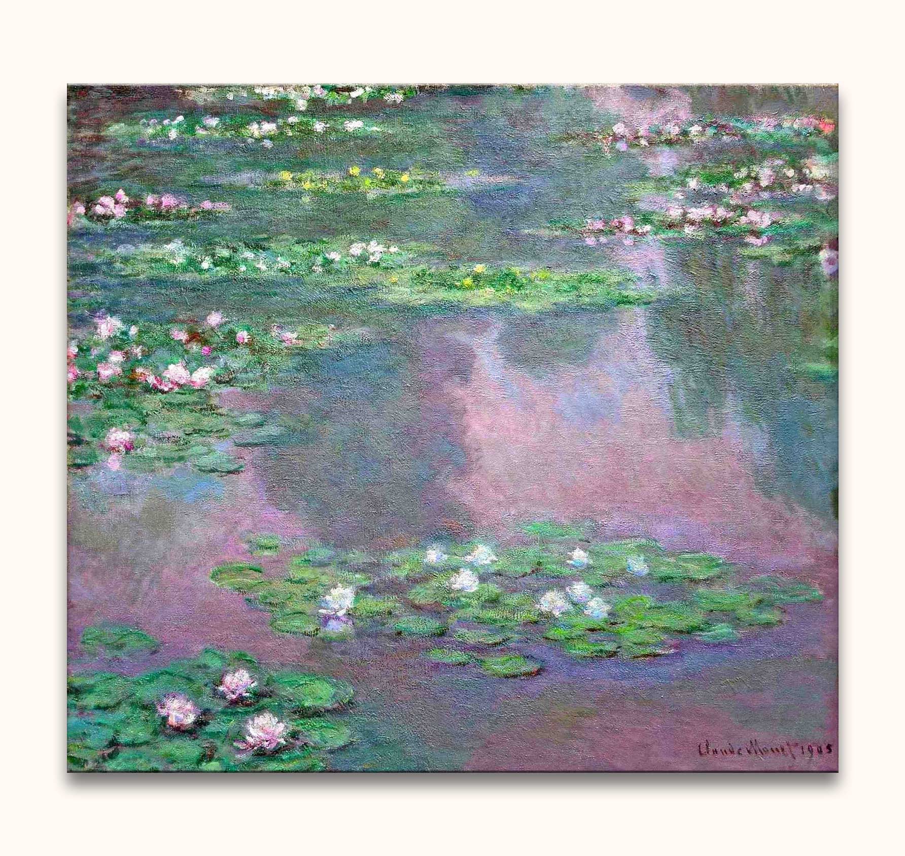 Claude Monet – Lotusbloemen bij Languedoc-Roussillon: Handgeschilderd impressionistisch olieverfschilderij met waterlelies op een serene vijver, opgespannen op houten frame, klaar om op te hangen.