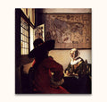 Johannes Vermeer – Officier met een Lachend Meisje: Twee figuren in een 17e-eeuws interieur, met realistische details en symboliek, handgeschilderd op museumkwaliteit canvas.