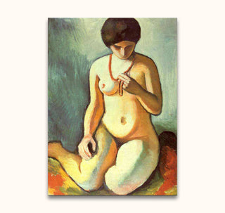 Schilderij Pierre-Auguste Renoir - Meisje met de Koralen Halsketting: naakte vrouw knielt, houdt rode ketting, impressionistisch kunstwerk, olieverf op canvas. Geschilderd in moderne stijl.