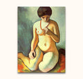 Schilderij Pierre-Auguste Renoir - Meisje met de Koralen Halsketting: naakte vrouw knielt, houdt rode ketting, impressionistisch kunstwerk, olieverf op canvas. Geschilderd in moderne stijl.