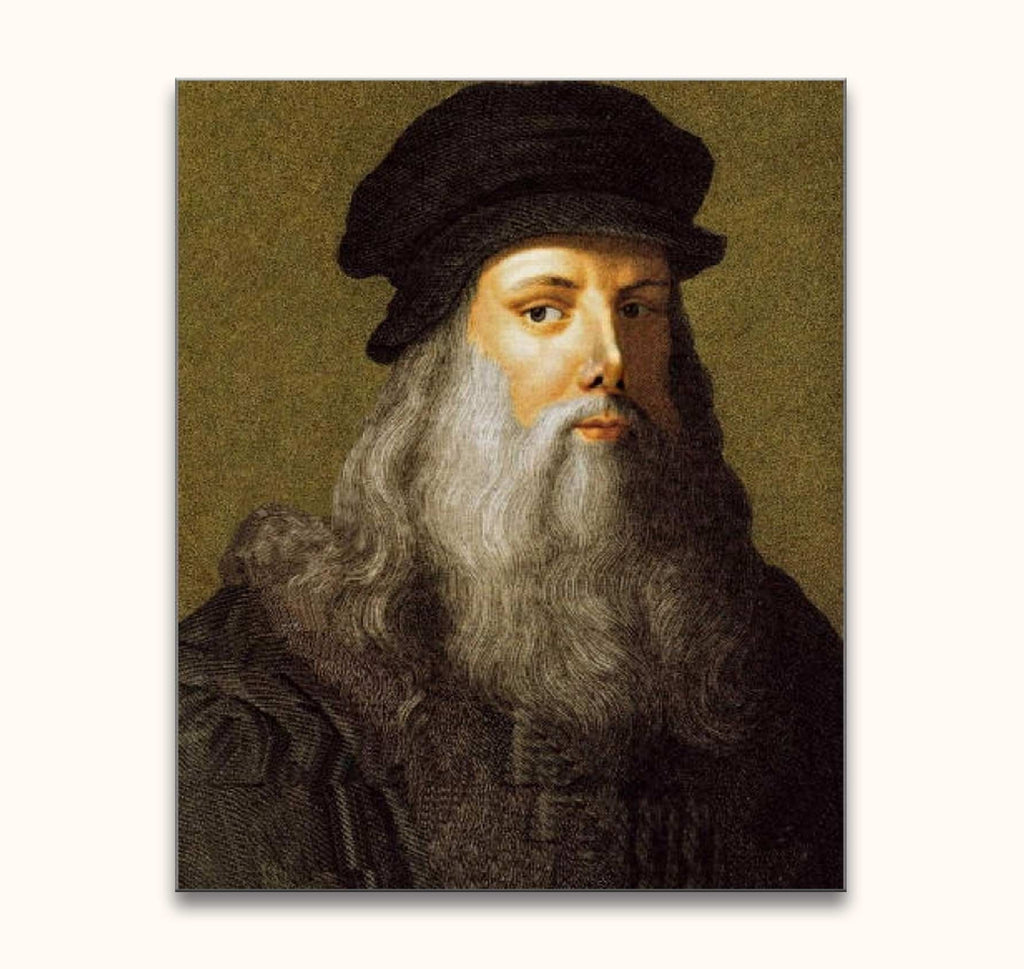 Zelfportret van Leonardo Da Vinci in Renaissance-stijl, met grijze baard en donkere kleding, op hoogwaardig olieverfdoek. Geschilderd op museumkwaliteit canvas.