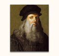 Zelfportret van Leonardo Da Vinci in Renaissance-stijl, met grijze baard en donkere kleding, op hoogwaardig olieverfdoek. Geschilderd op museumkwaliteit canvas.