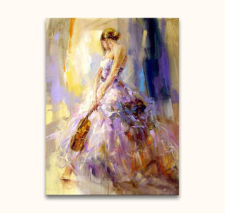De Violiste - Olieverf op canvas: Impressionistisch schilderij van een jonge vrouw met viool in een sierlijke baljurk, geschilderd in zachte, vloeiende penseelstreken.