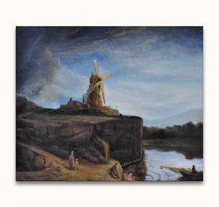 Rembrandt van Rijn – Molen bij Gorkum: Klassiek landschap met molen, rivier en figuren in klederdracht. Handgeschilderd olieverf op zuurvrij canvas, barokke complexiteit.