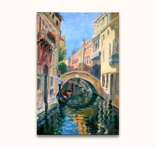 Claude Monet – Ponte Widmann: Gondelier op kanaal met pastelkleurige gebouwen en bloemenbalkons in Venetië. Handgeschilderd olieverfschilderij, opgespannen op houten frame, klaar om op te hangen.