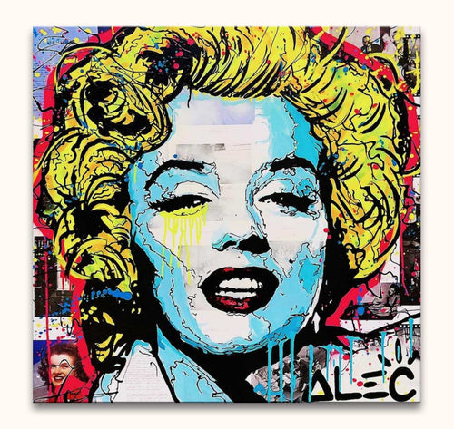 Alec Monopoly - Marylin Monroe: Popart schilderij met blauwe huid, gele haren, en rode lippen. Handgeschilderd, direct ophangbaar, zonder lijst nodig, UV-bescherming.