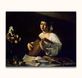 Jonge muzikant met luit, omringd door muziek en fruit, in Caravaggio's Barokstijl. Michelangelo - De Luitspeler, handgeschilderd op hoogwaardig canvas.