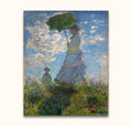 Claude Monet – Dame Onder Parasol: Impressionistisch schilderij van een vrouw met parasol en kind op heuveltop. Handgeschilderd olieverf op zuurvrij canvas, direct ophangbaar.