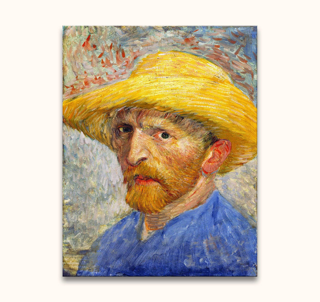 Vincent van Gogh - Zelfportret met Hoed. Olieverfschilderij in post-impressionistische stijl, toont een introspectieve Van Gogh met strohoed en blauwe jas.