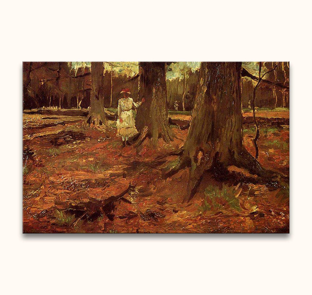 Vincent van Gogh painting Jonge Vrouw in het Haagsche Bosch, featuring a girl in a white frock amidst autumnal forest, impressionist style, 105x70cm.