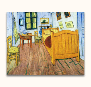 Vincent van Gogh - De Slaapkamer: Een handgeschilderd olieverfschilderij van een eenvoudige slaapkamer, met houten bed, stoelen, en tafel met waskom. Geschilderd op zuurvrij canvas.
