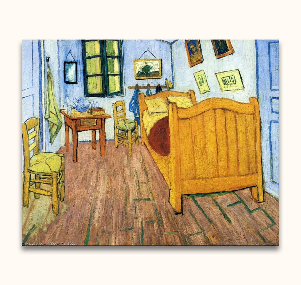 Vincent van Gogh - De Slaapkamer: Een handgeschilderd olieverfschilderij van een eenvoudige slaapkamer, met houten bed, stoelen, en tafel met waskom. Geschilderd op zuurvrij canvas.