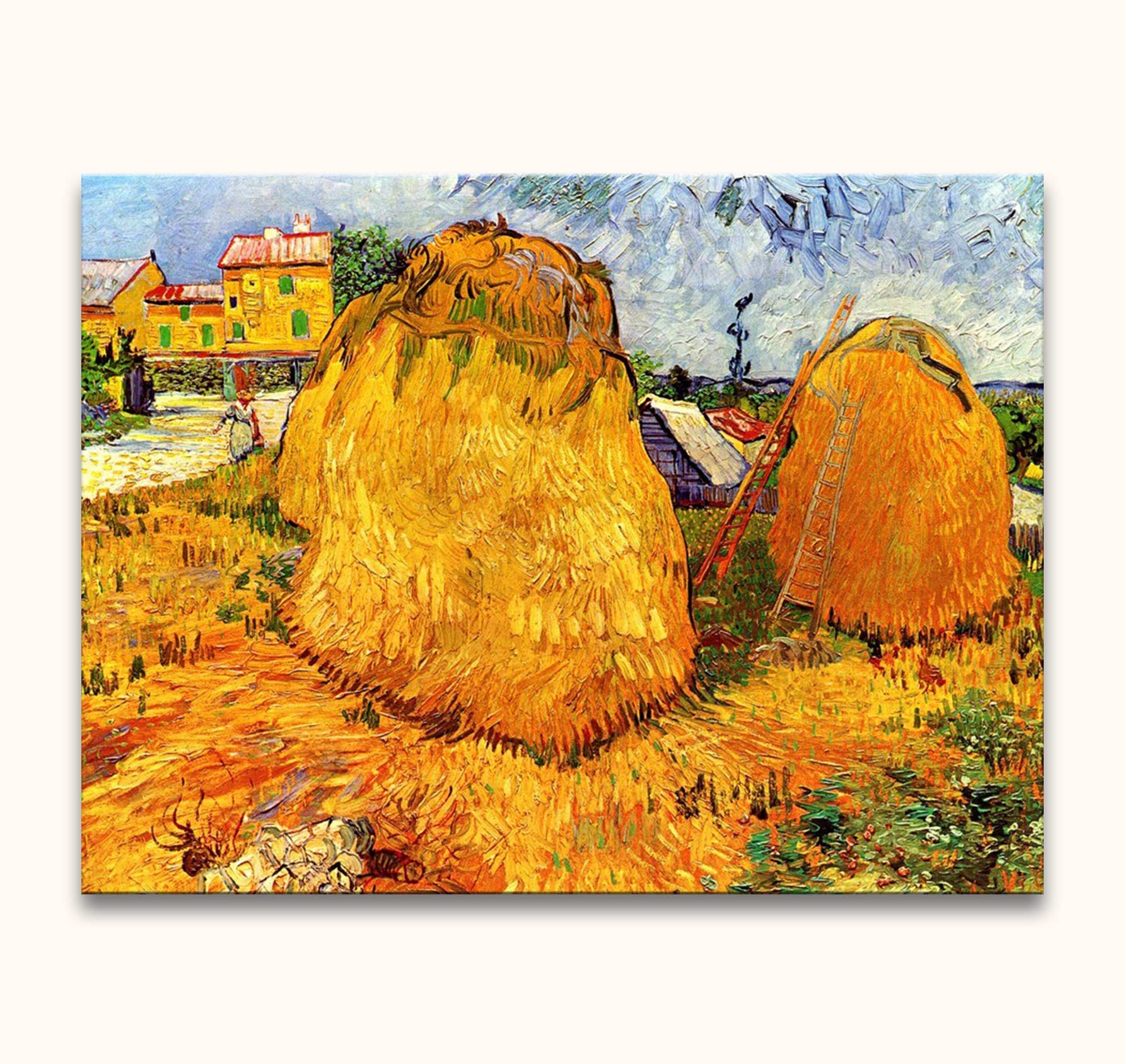 Vincent van Gogh - Hooibergen in de Provence: Twee hooibergen, ladder, boerderij. Impressionistisch olieverfschilderij, perfect voor moderne kunstliefhebbers. Geschilderd op canvas, direct ophangbaar.
