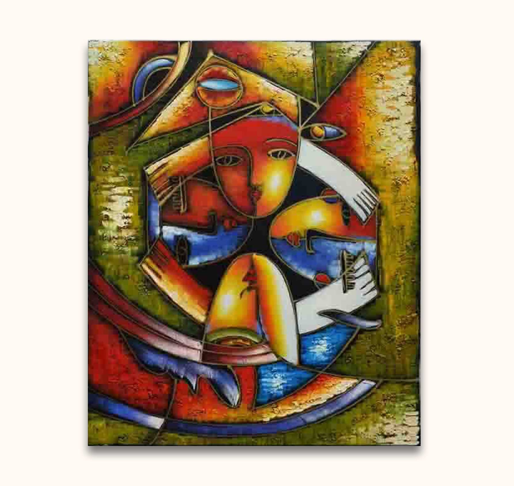 Kubistisch schilderij Mephisto met een gestileerd gezicht, omarmende armen en visachtige vormen. Picasso-signatuur, olieverf op canvas. Perfect voor moderne kunstliefhebbers.