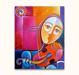 Kubistisch schilderij van Josephine met viool in warme tinten, geïnspireerd door Picasso. Handgeschilderd, museumkwaliteit olieverf op canvas, klaar om op te hangen.